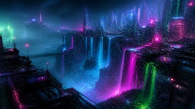 a cliffside city with waterfalls cascading into a misty canyon, wide establishing shot, no people, no text