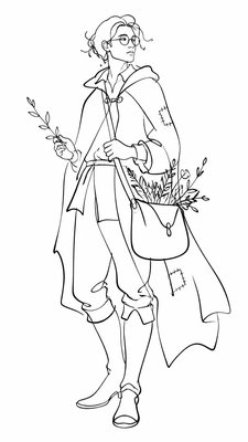 full-body original character: a wandering botanist with a satchel of plants, a patched green cloak, tall boots and round glasses, neutral background