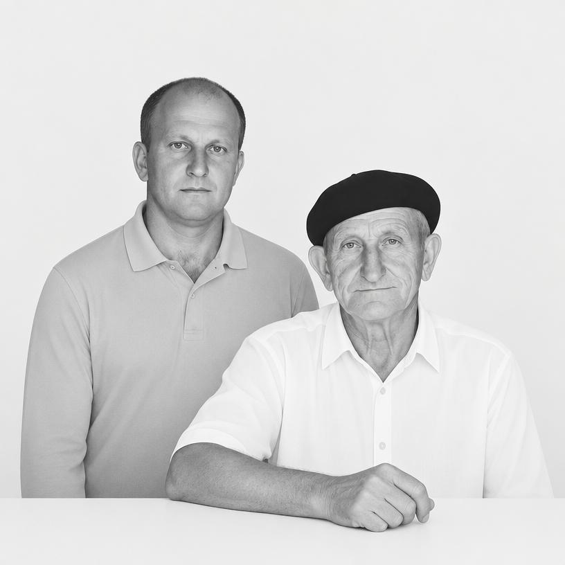 a black and white photo of two men