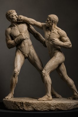 ancient greek sculpture of two ignudi male boxers punching