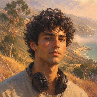 head-and-shoulders portrait of an original character: a young man with curly dark hair and headphones around his neck, plain backdrop, no text