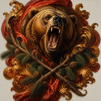 a roaring bear head above crossed pine branches, bold graphic composition on a plain background, no text