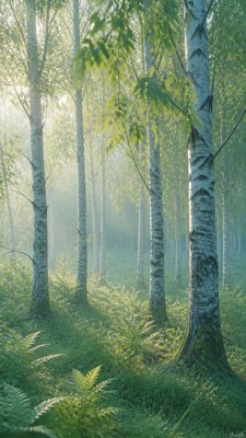 a serene birch forest in soft morning light, no people, no text