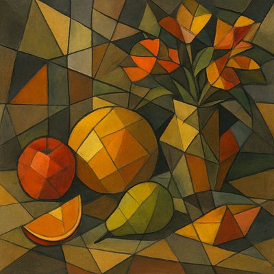 still life arrangement of fruits and flowers