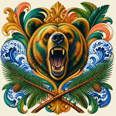 a roaring bear head above crossed pine branches, bold graphic composition on a plain background, no text