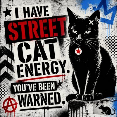 "I have STREET CAT ENERGY. 
You've been warned."

Include a black cat. 