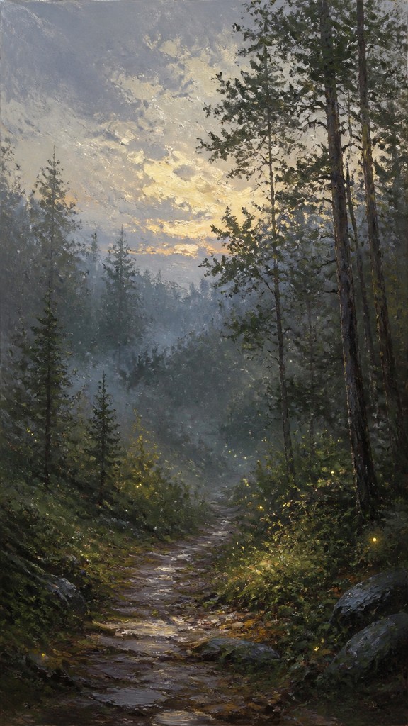 a mysterious forest path with fireflies and drifting mist, atmospheric vertical composition with open space at the top, no text