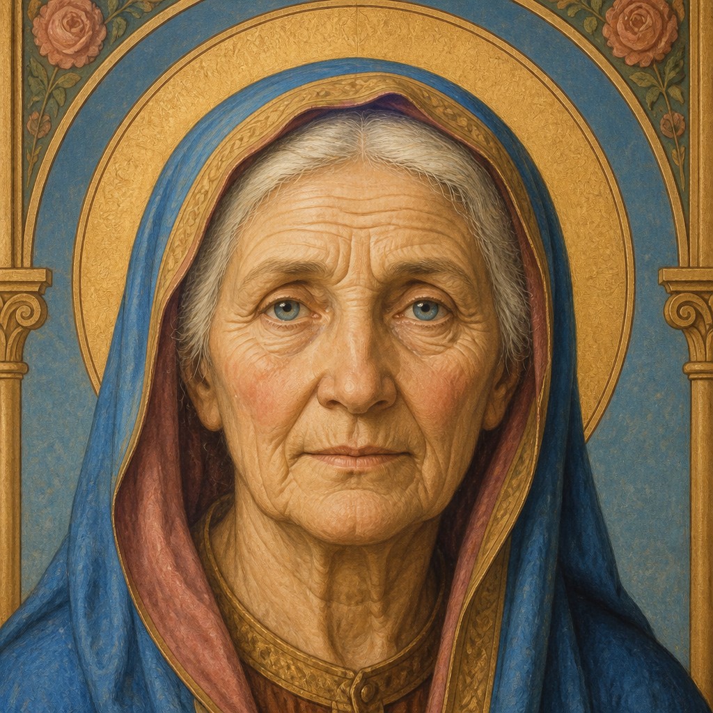 close-up portrait of an elderly person with expressive weathered features — Nazarene Art Style