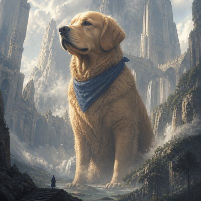 portrait of a golden retriever wearing a blue bandana, warm plain backdrop, no text