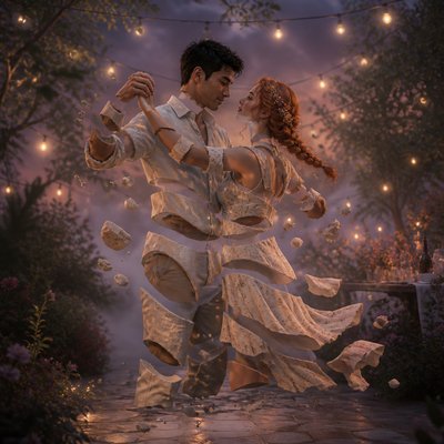 an original couple dancing under string lights in a garden at dusk: a man with short black hair in a linen shirt and a woman with braided red hair in a summer dress
