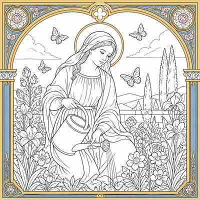 a garden scene with butterflies, flowers and a watering can, clean uncolored line art, no text
