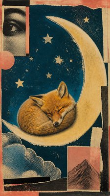 a sleeping baby fox curled on a crescent moon among soft stars, gentle and warm, no text