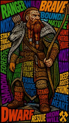 full-body original character: a dwarven ranger with a braided auburn beard, worn leather armor, a longbow and a wolf-pelt cloak, neutral background, no text