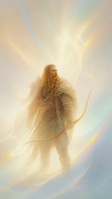 full-body original character: a dwarven ranger with a braided auburn beard, worn leather armor, a longbow and a wolf-pelt cloak, neutral background, no text