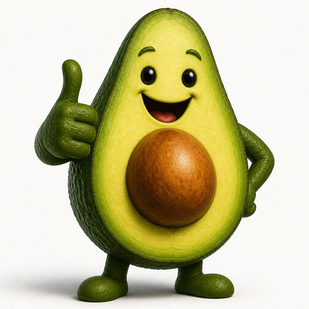a happy avocado character giving a thumbs up, bold readable design on a plain background, no text