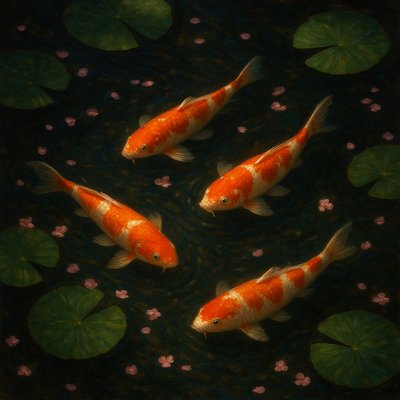 A koi pond seen from above, orange and white koi fish swimming among lily pads, clear water with subtle ripples, fallen cherry blossom petals floating on the surface, dappled sunlight