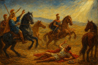 a painting of a group of men riding horses