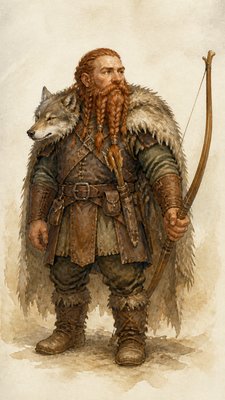 full-body original character: a dwarven ranger with a braided auburn beard, worn leather armor, a longbow and a wolf-pelt cloak, neutral background, no text