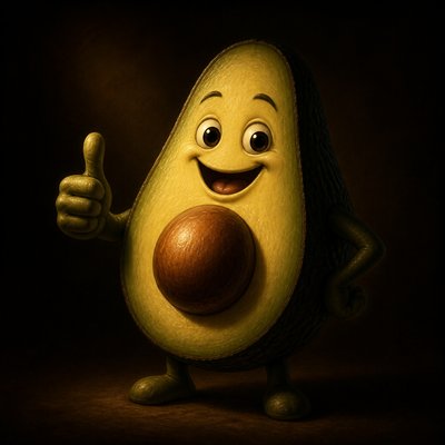 a happy avocado character giving a thumbs up, bold readable design on a plain background, no text