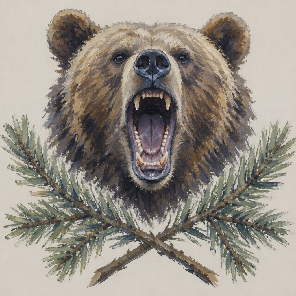 a roaring bear head above crossed pine branches, bold graphic composition on a plain background, no text