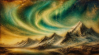 a flowing aurora over snowy peaks, wide sweeping composition, no people, no text