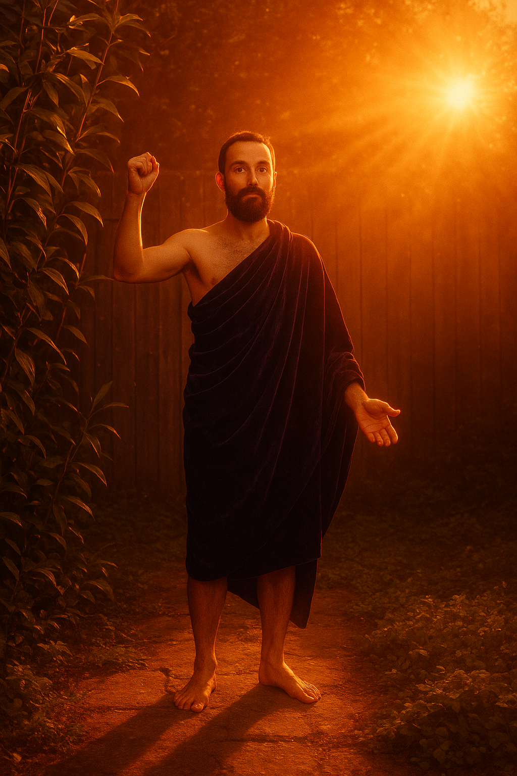 a man in a robe standing on a dirt road