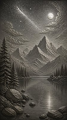 a tranquil mountain lake beneath a starry night sky, no people, no text