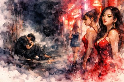 An Asian Slice
At the dark end of an alley on a moonless night,
A youth squats low to the ground, turned toward the wall with his face in his lap.  Someone might think he’s sleeping.  He’s smoking heroin.  Soon he’ll fall over and soil himself, and stay right there until dawn.

Back at the neon-lit mouth of this dark alley, 
hookers walk back and forth, hurrying to get past the alley, either for fear or because is smells so bad.  Eyelids, all painted golden, Asian whores always look like they’re made of candy.  Candy it is; but a snarling cat awaits its prey.
