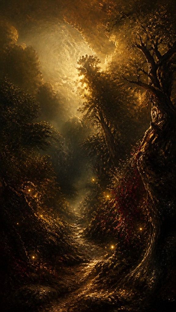 a mysterious forest path with fireflies and drifting mist, atmospheric vertical composition with open space at the top, no text