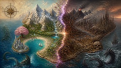 a map of an island realm with mountains, forests, a sheltered bay, sea monsters in the water and a compass rose, no text labels