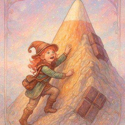 A young red-haired girl in whimsical adventurer gear, bravely climbing a colossal, mountain-sized candy corn. The candy corn mountain has realistic geological features, with crags and steep slopes, made entirely of candy corn, and integrated along its ridges are giant, sculpted chocolate bars. Shimmering, multi-colored pixie stick dust rains down around her like magical snowfall. Determined, joyful expression. Bright, fantastical sky. Hyperrealistic digital painting, fantasy illustration, surreal landscape, epic detailed, cinematic lighting, food art photography."Surrealist Digital Art, Salvador Dalí Inspired, Magical Realism, Pastel Colors, Dreamscape