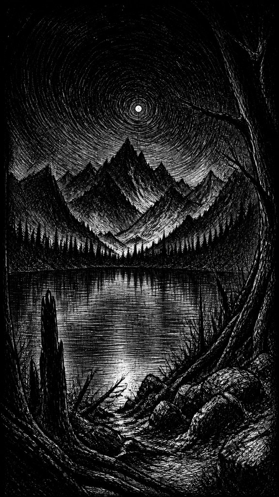 a tranquil mountain lake beneath a starry night sky, no people, no text