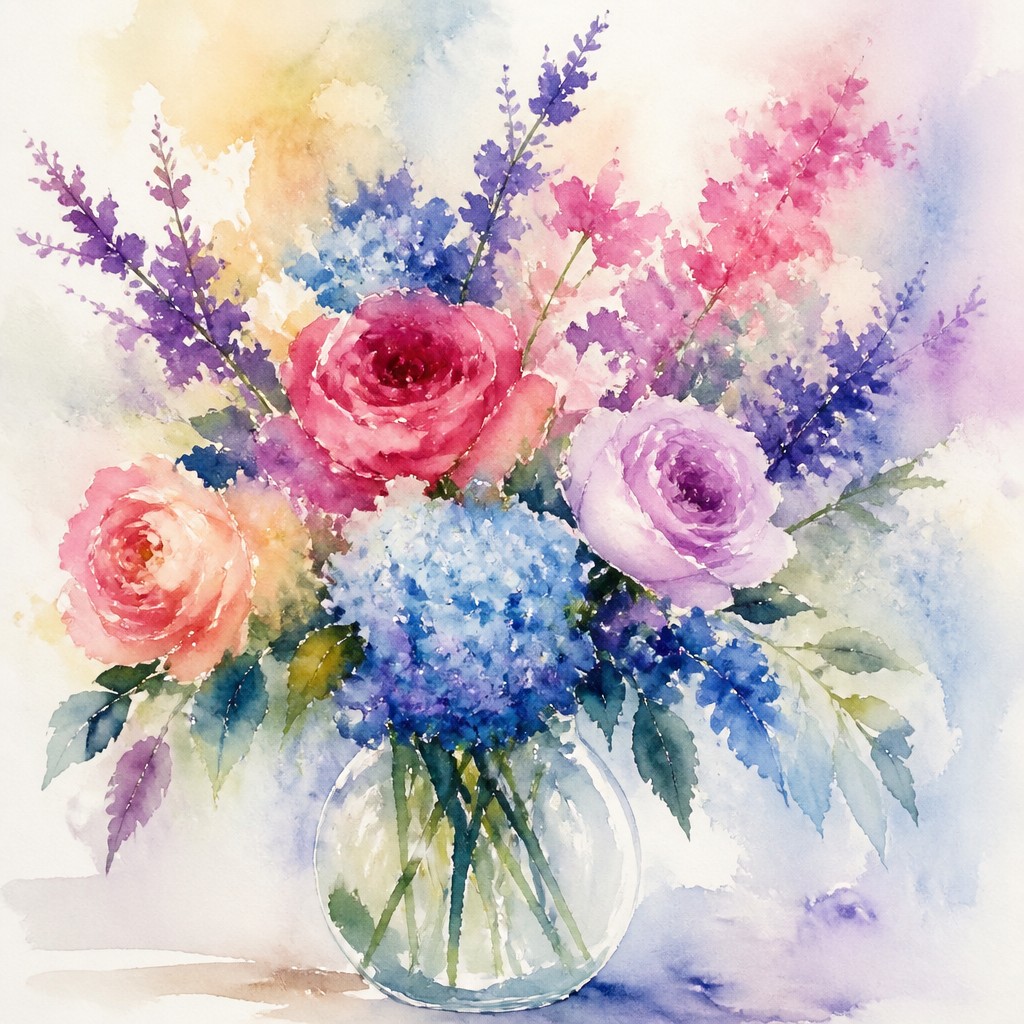 bouquet of flowers in a glass vase — Wet-on-Wet Watercolor Style