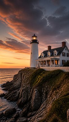 a lone lighthouse on a cliff at dusk under a dramatic sky, no text or lettering