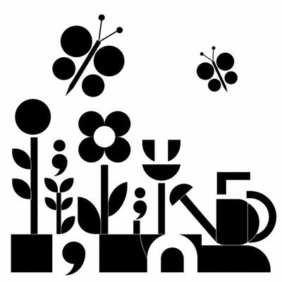 a garden scene with butterflies, flowers and a watering can, clean uncolored line art, no text