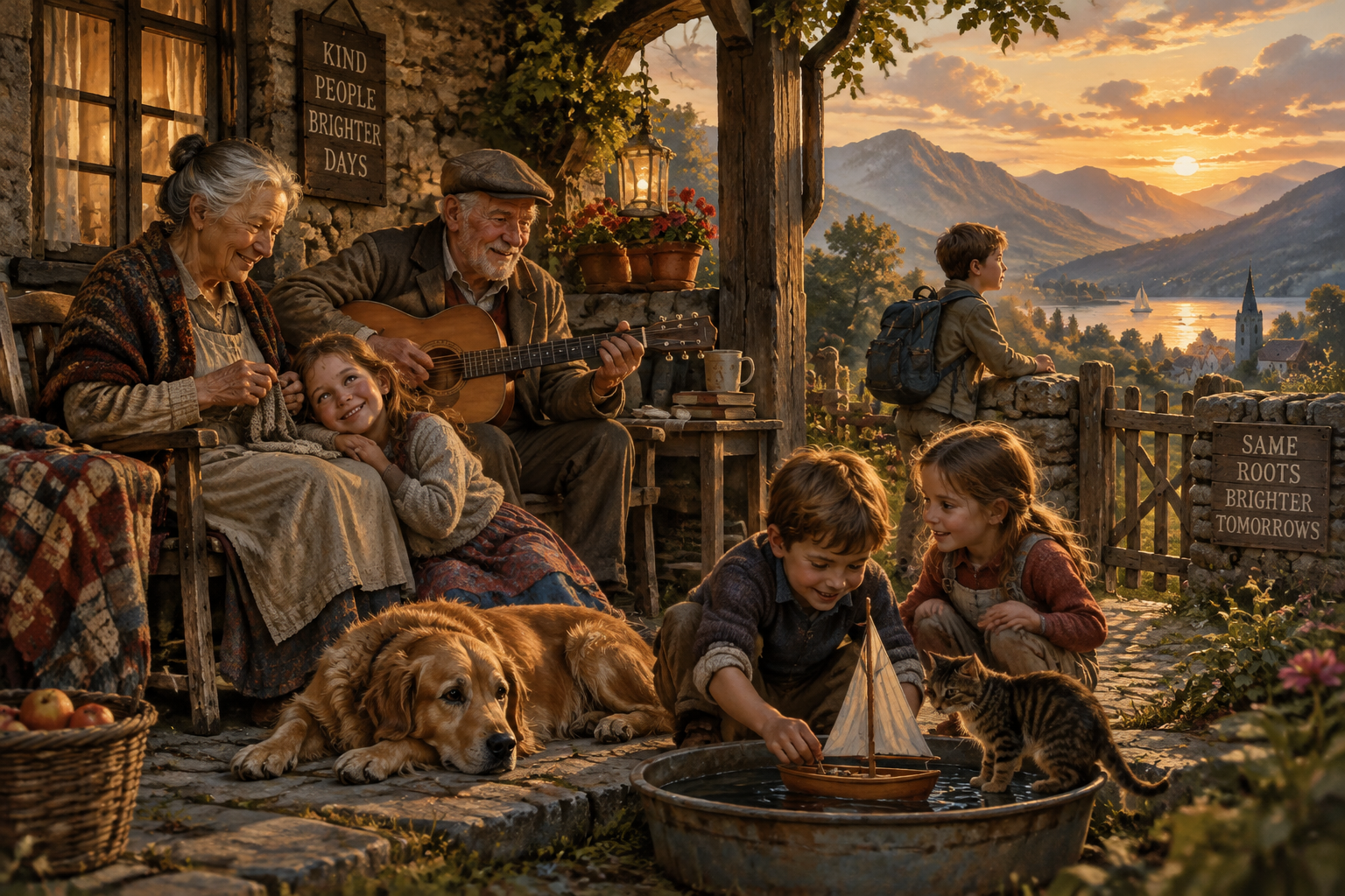 elderly grandparents and several grandchildren enjoy time together