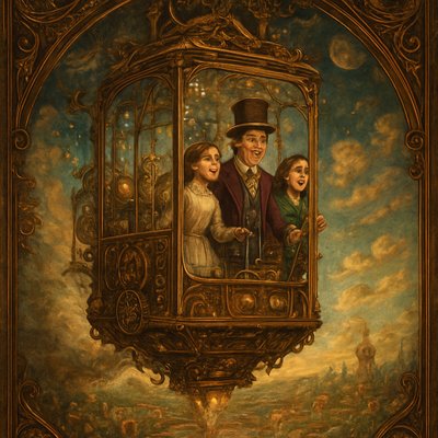 An awe-inspiring and whimsical scene featuring Willy Wonka's Great Glass Wonkavator, soaring through the sky and beyond the confines of the chocolate factory. The Wonkavator itself is a magnificent, multi-directional glass elevator, transparent and sparkling, with Willy Wonka (wearing his iconic top hat, purple coat, and bowtie) and 2 young Victorian well dressed ladies looking out with expressions of joy, wonder and excitement. The interior is filled with intricate buttons and levers for controlling its magical flight. The Wonkavator is depicted in mid-flight, perhaps bursting through the factory roof or ascending above the clouds. Below it, the fantastical landscape of the Chocolate Factory is visible – chocolate rivers, edible gardens, candy cane trees, and various whimsical buildings. Beyond the factory, a stunning, imaginative sky unfolds, perhaps with floating candy clouds, distant fantastical landmarks, or even glimpses of outer space and planets. The lighting is bright and magical, emphasizing the glass's transparency and the vibrant colors of the world below and beyond. The overall mood is one of boundless adventure, limitless possibilities, and pure, joyful fantasy."