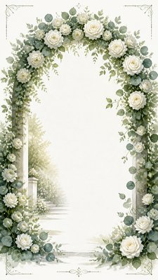 an arch of white roses and eucalyptus in soft morning light, elegant vertical composition with open space, no text