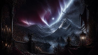 a flowing aurora over snowy peaks, wide sweeping composition, no people, no text
