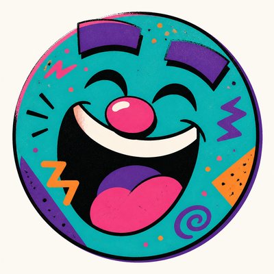 an exaggerated laughing face of an original round mascot character, bold and readable at small size, plain background, no text