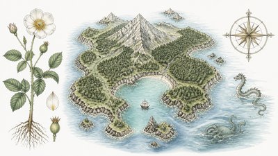 a map of an island realm with mountains, forests, a sheltered bay, sea monsters in the water and a compass rose, no text labels