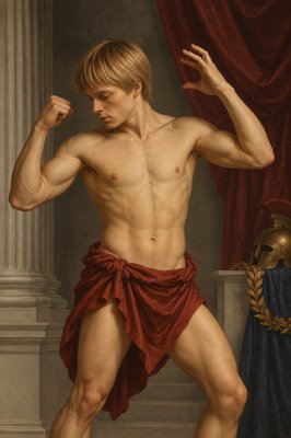 a painting of a man in a red towel