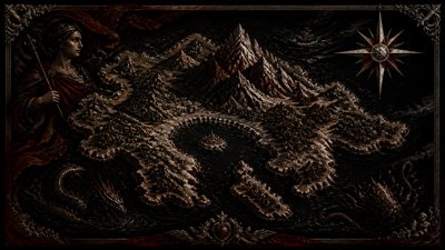 a map of an island realm with mountains, forests, a sheltered bay, sea monsters in the water and a compass rose, no text labels