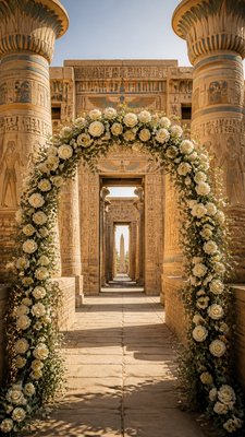 an arch of white roses and eucalyptus in soft morning light, elegant vertical composition with open space, no text