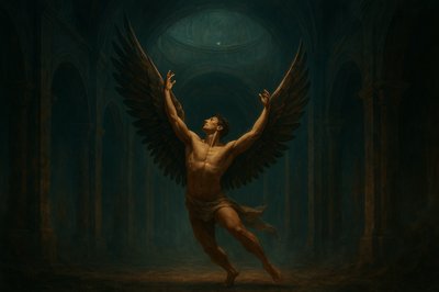 a painting of a man with wings in a dark room