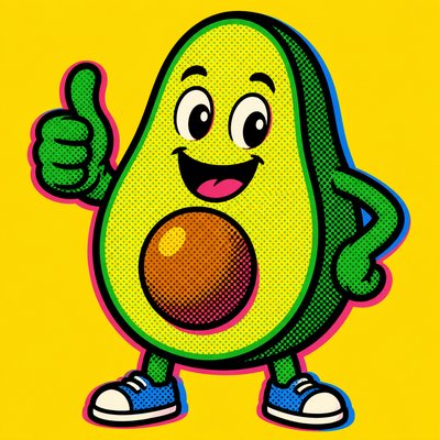 a happy avocado character giving a thumbs up, bold readable design on a plain background, no text