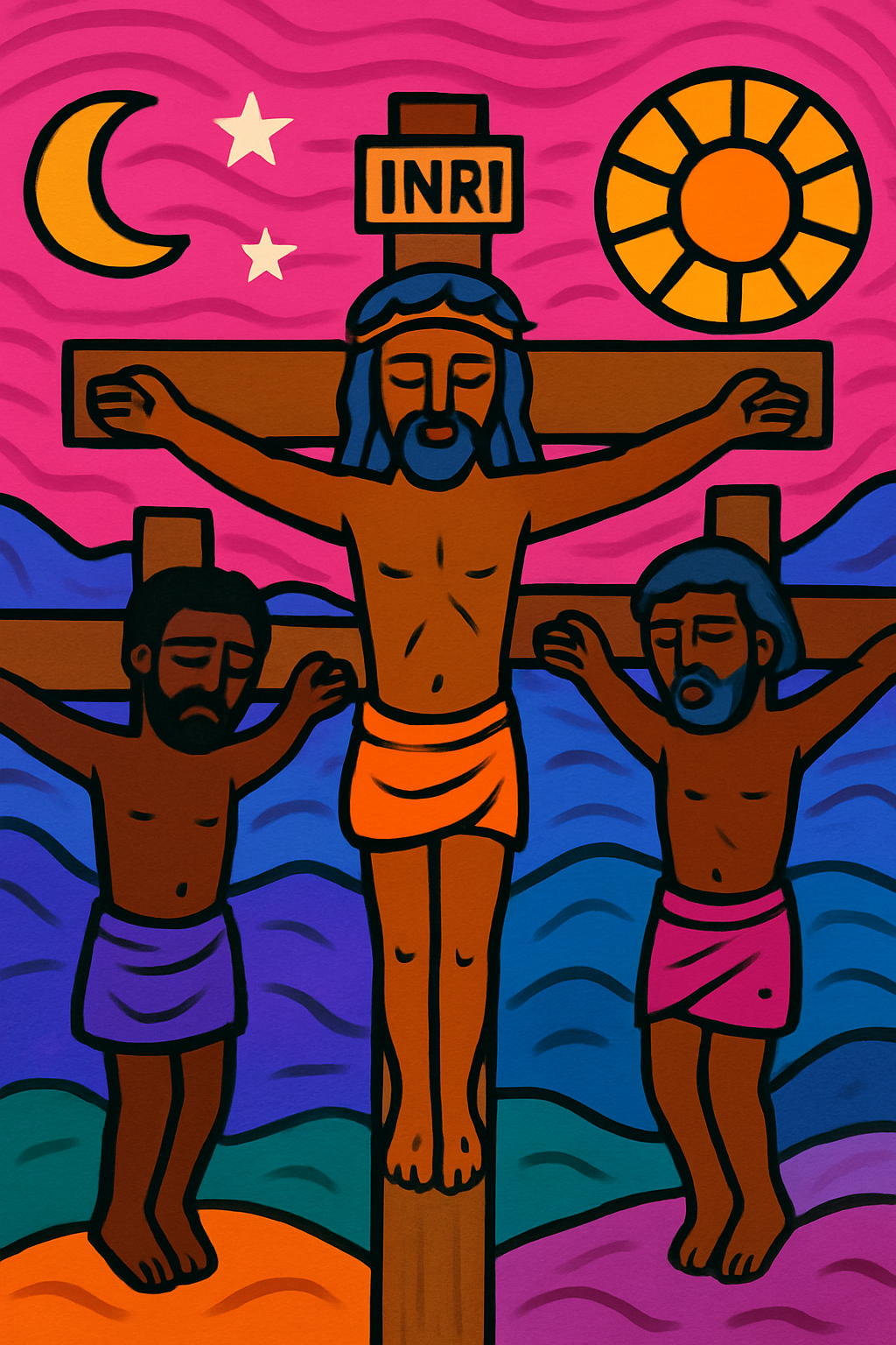 Jesus and the thieves on the cross; all people of color