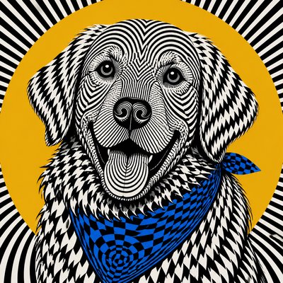 portrait of a golden retriever wearing a blue bandana, warm plain backdrop, no text