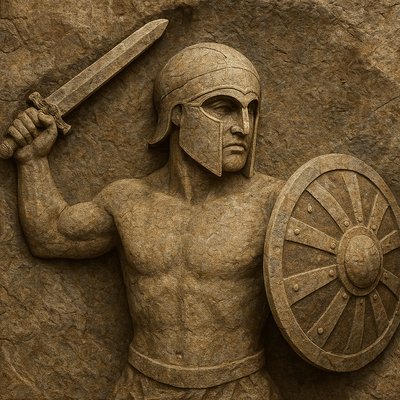 a statue of a man holding a sword and shield