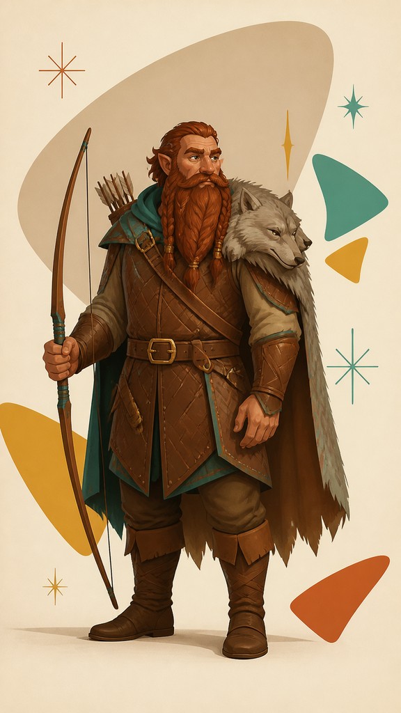 full-body original character: a dwarven ranger with a braided auburn beard, worn leather armor, a longbow and a wolf-pelt cloak, neutral background, no text